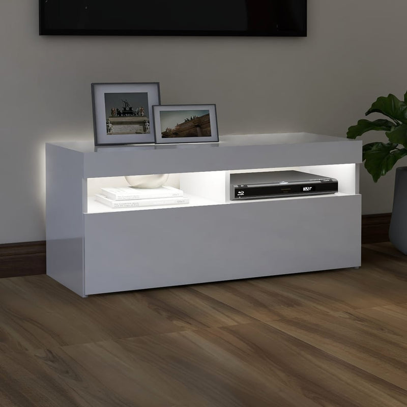 TV Cabinet with LED Lights High Gloss White 90x35x40 cm