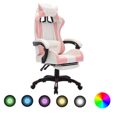 Racing Chair with RGB LED Lights Pink and White Faux Leather