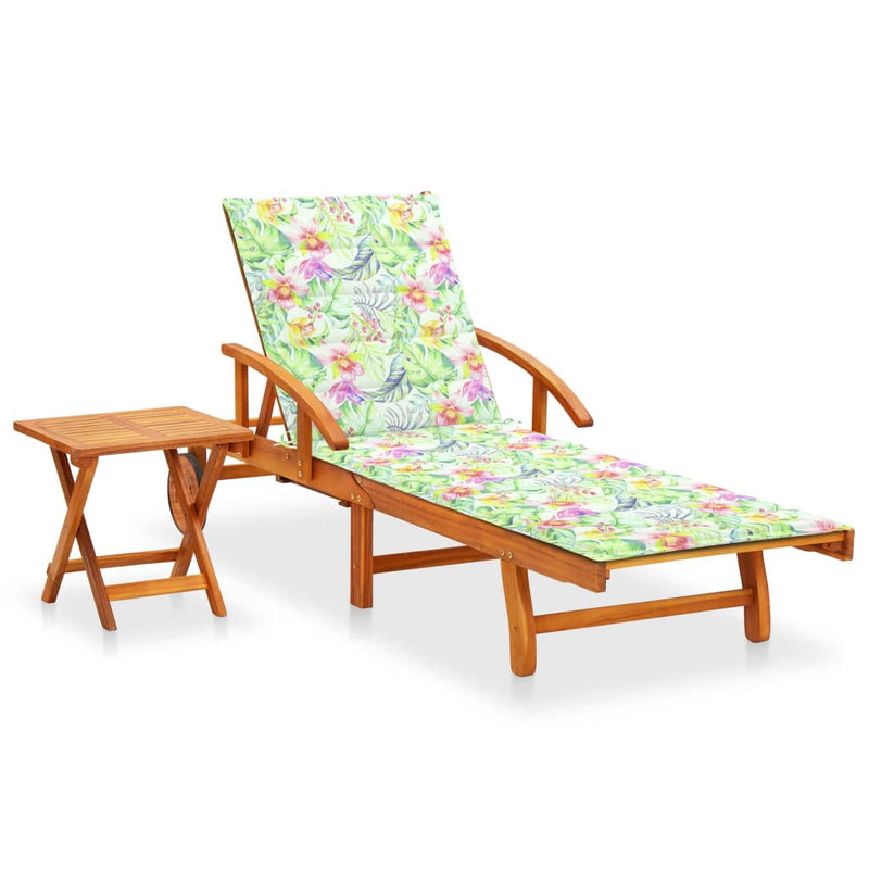 Garden Sun Lounger with Table and Cushion Solid Acacia Wood