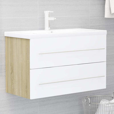 2 Piece Bathroom Furniture Set White and Sonoma Oak Engineered Wood