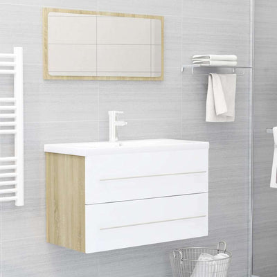 2 Piece Bathroom Furniture Set White and Sonoma Oak Engineered Wood