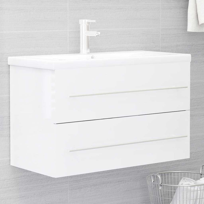 2 Piece Bathroom Furniture Set High Gloss White Engineered Wood