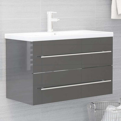 2 Piece Bathroom Furniture Set High Gloss Grey Engineered Wood