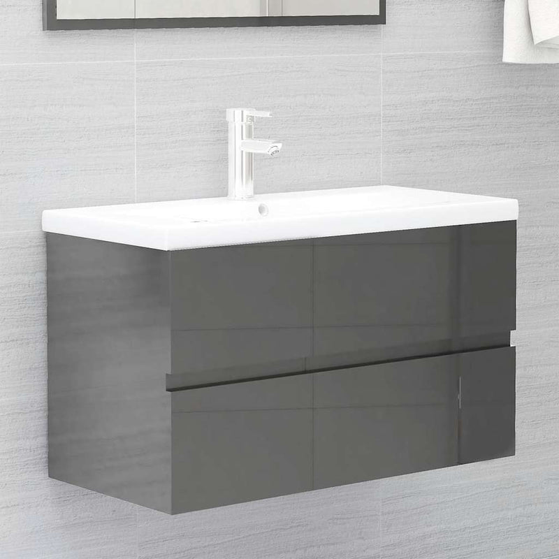 2 Piece Bathroom Furniture Set High Gloss Grey Engineered Wood