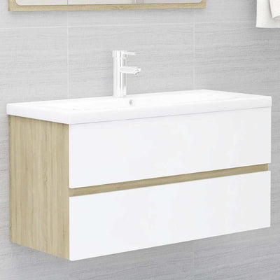 2 Piece Bathroom Furniture Set White and Sonoma Oak Engineered Wood