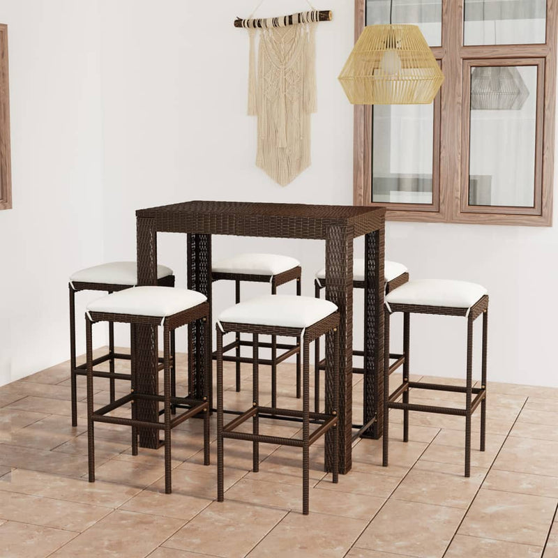 7 Piece Garden Bar Set with Cushions Poly Rattan Brown