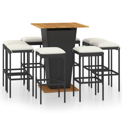 9 Piece Garden Bar Set with Cushions Poly Rattan Black