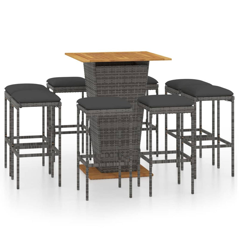 9 Piece Garden Bar Set with Cushions Poly Rattan Grey