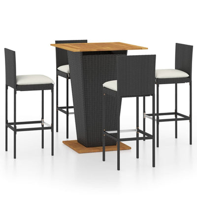 5 Piece Garden Bar Set with Cushions Poly Rattan Black