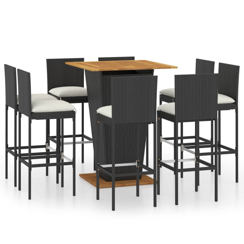 9 Piece Garden Bar Set with Cushions Poly Rattan Black