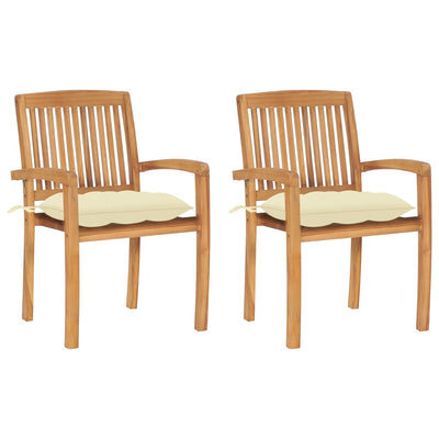 Garden Chairs 2 pcs with Cream White Cushions Solid Teak Wood