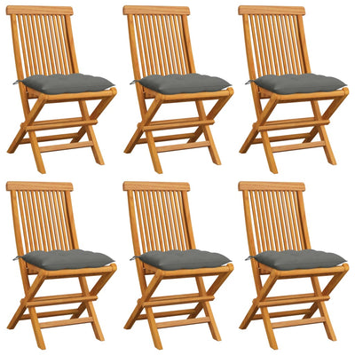 Garden Chairs with Grey Cushions 6 pcs Solid Teak Wood