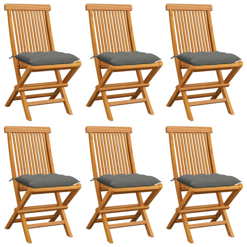 Garden Chairs with Grey Cushions 6 pcs Solid Teak Wood