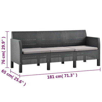 3-Seater Garden Sofa with Cushions Anthracite PP Rattan