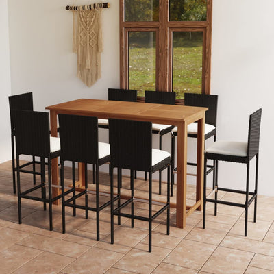 9 Piece Garden Bar Set with Cushions Black