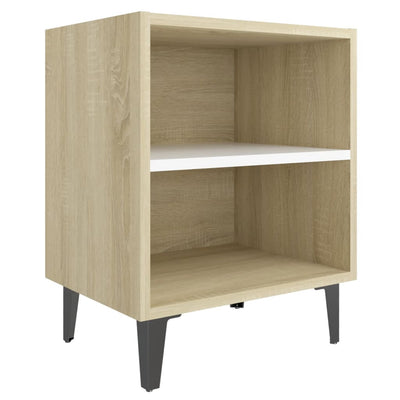 Bed Cabinet with Metal Legs Sonoma Oak and White 40x30x50 cm