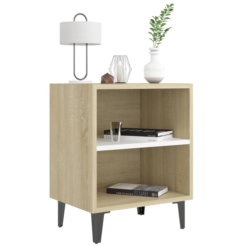 Bed Cabinet with Metal Legs Sonoma Oak and White 40x30x50 cm