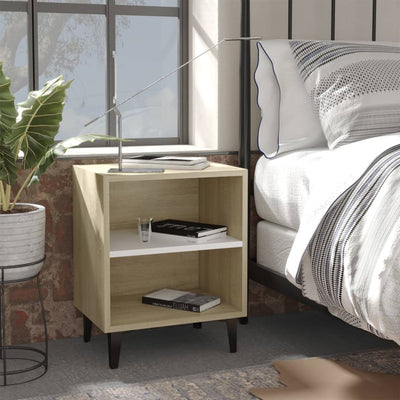 Bed Cabinet with Metal Legs Sonoma Oak and White 40x30x50 cm