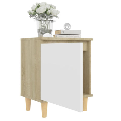 Bed Cabinet with Solid Wood Legs Sonoma Oak & White 40x30x50cm