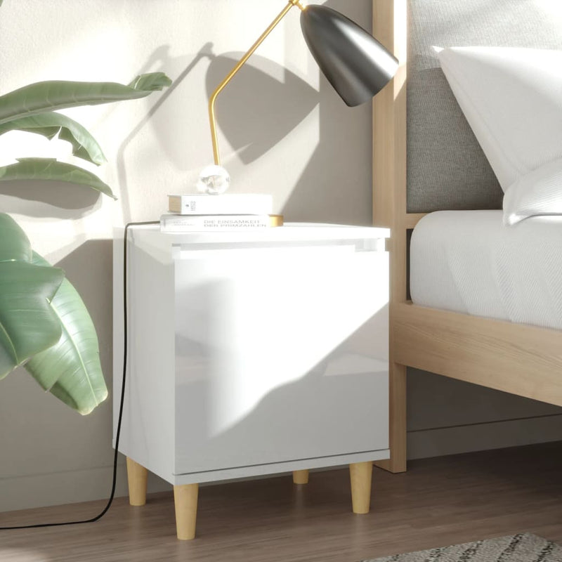 Bed Cabinet  with Solid Wood Legs High Gloss White 40x30x50cm