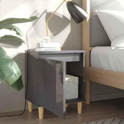 Bed Cabinet with Solid Wood Legs High Gloss Grey 40x30x50 cm