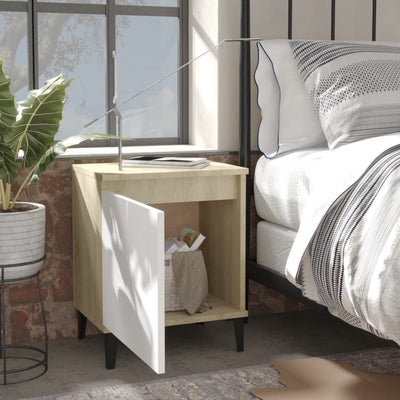 Bed Cabinet with Metal Legs Sonoma Oak and White 40x30x50 cm