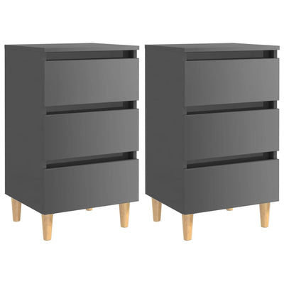 Bed Cabinets & Wood Legs 2 pcs High Gloss Grey 40x35x69cm