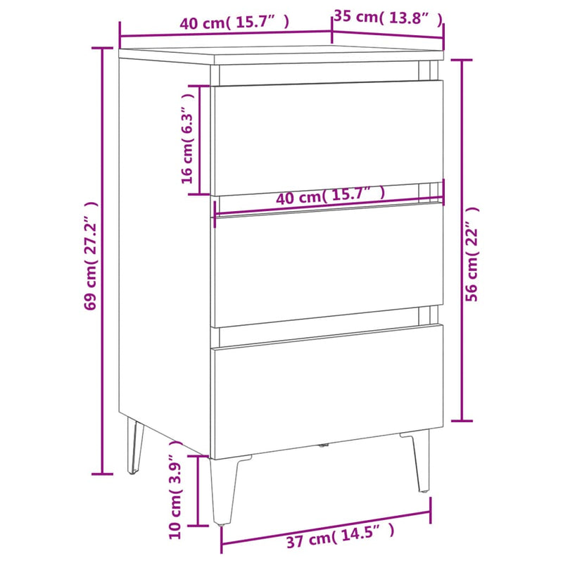 Bed Cabinet with Metal Legs White 40x35x69 cm