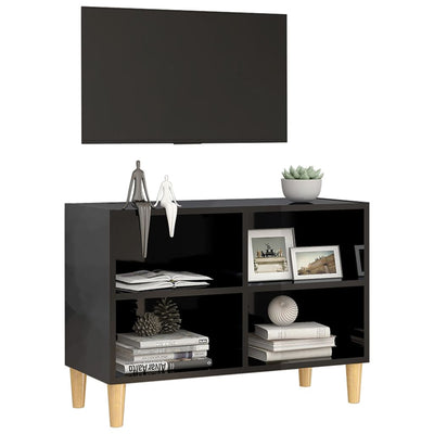 TV Cabinet with Solid Wood Legs High Gloss Black 69.5x30x50 cm