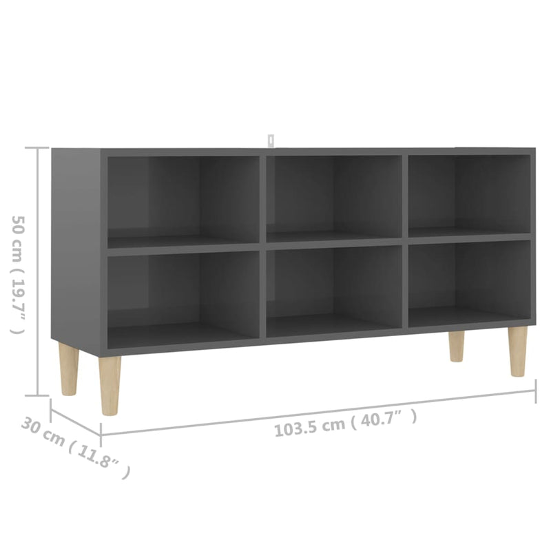 TV Cabinet with Solid Wood Legs High Gloss Grey 103.5x30x50 cm