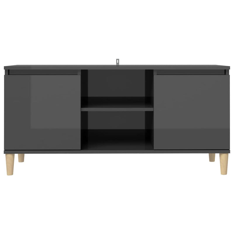 TV Cabinet & Solid Wood Legs High Gloss Grey 103.5x35x50 cm