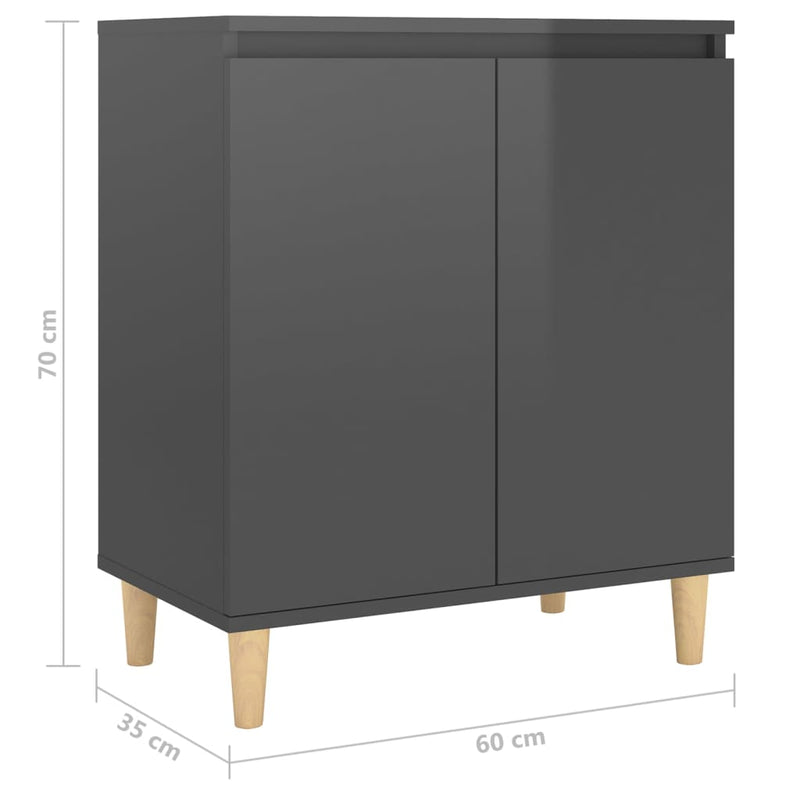 Sideboard&Solid Wood Legs High Gloss Grey 60x35x70 cm Engineered Wood