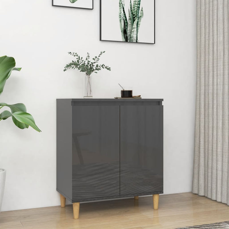 Sideboard&Solid Wood Legs High Gloss Grey 60x35x70 cm Engineered Wood