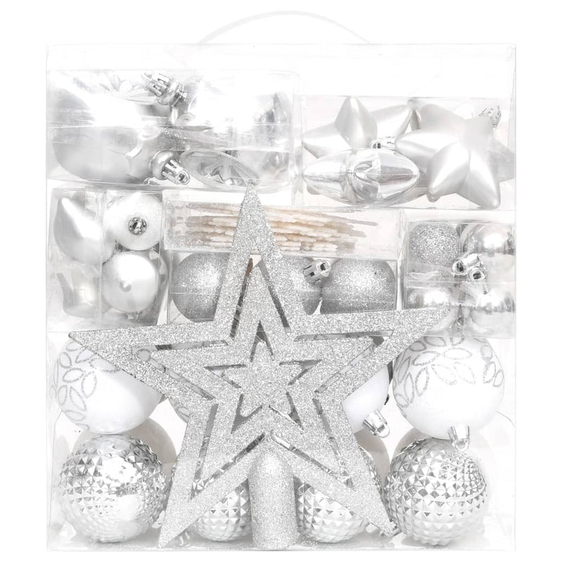 70 Piece Christmas Bauble Set Silver and White