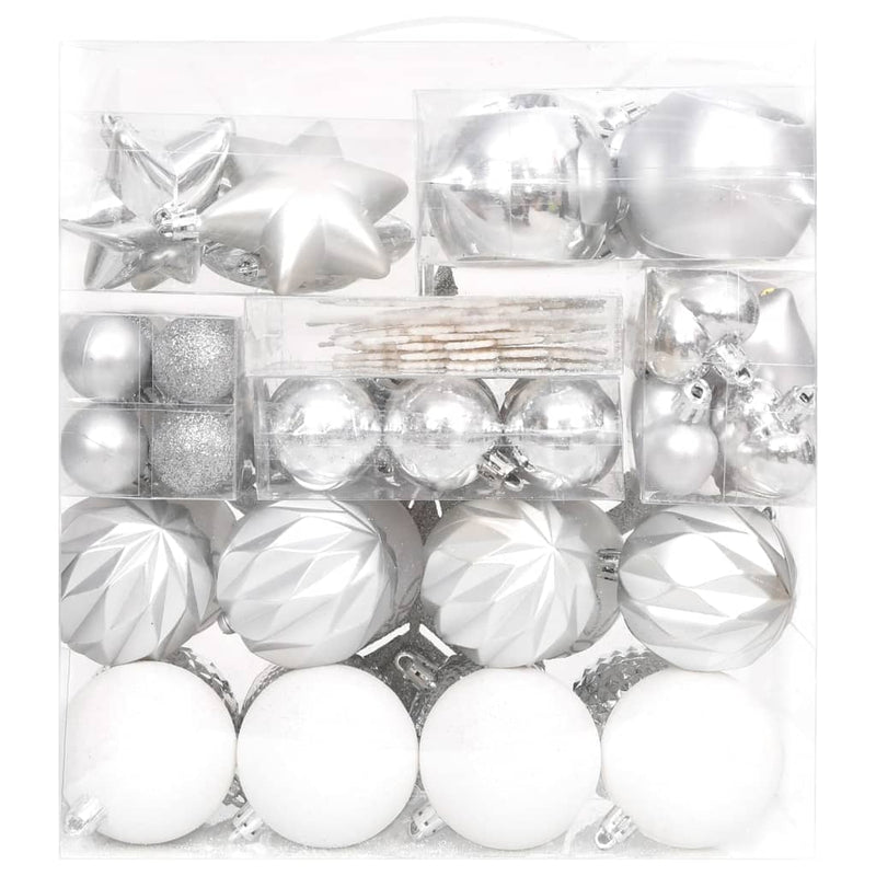 70 Piece Christmas Bauble Set Silver and White