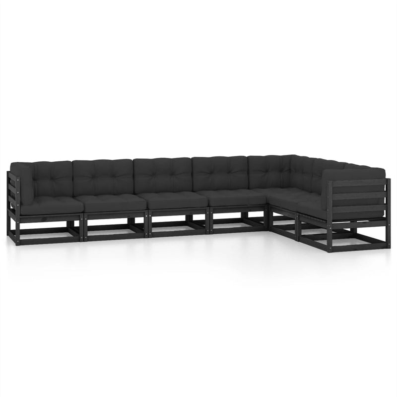 7 Piece Garden Lounge Set with Cushions Black Solid Pinewood