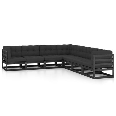 7 Piece Garden Lounge Set with Cushions Black Solid Pinewood