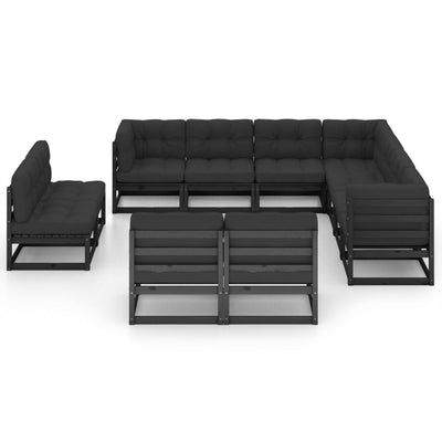 11 Piece Garden Lounge Set with Cushions Black Solid Pinewood