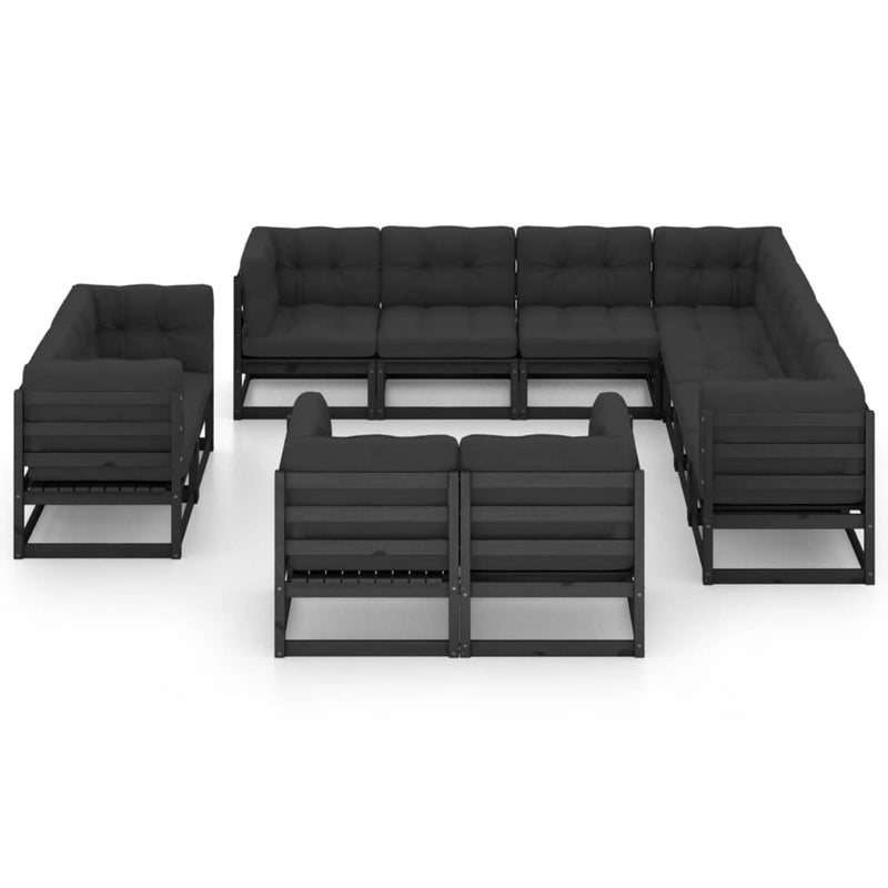 11 Piece Garden Lounge Set with Cushions Black Solid Pinewood