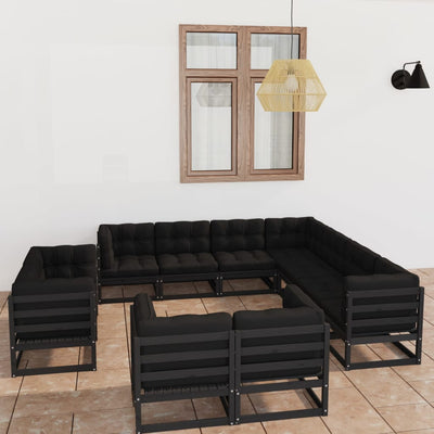 11 Piece Garden Lounge Set with Cushions Black Solid Pinewood