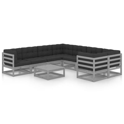 9 Piece Garden Lounge Set with Cushions Grey Solid Pinewood