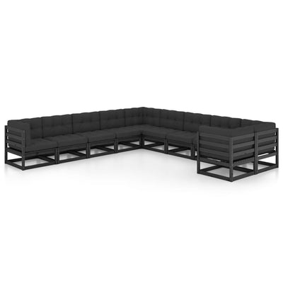 10 Piece Garden Lounge Set with Cushions Black Solid Pinewood