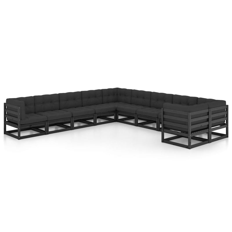 10 Piece Garden Lounge Set with Cushions Black Solid Pinewood