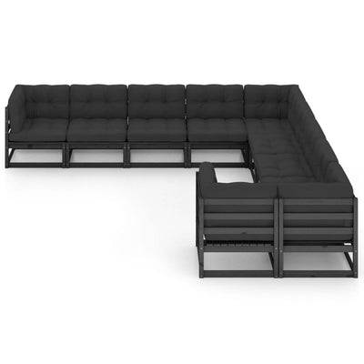 10 Piece Garden Lounge Set with Cushions Black Solid Pinewood