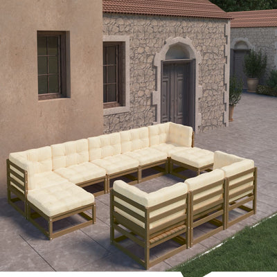 10 Piece Garden Lounge Set&Cushions Honey Brown Solid Pinewood