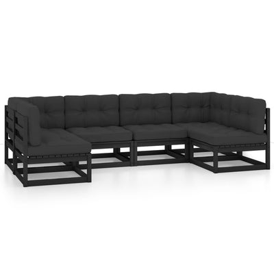 6 Piece Garden Lounge Set with Cushions Black Solid Pinewood