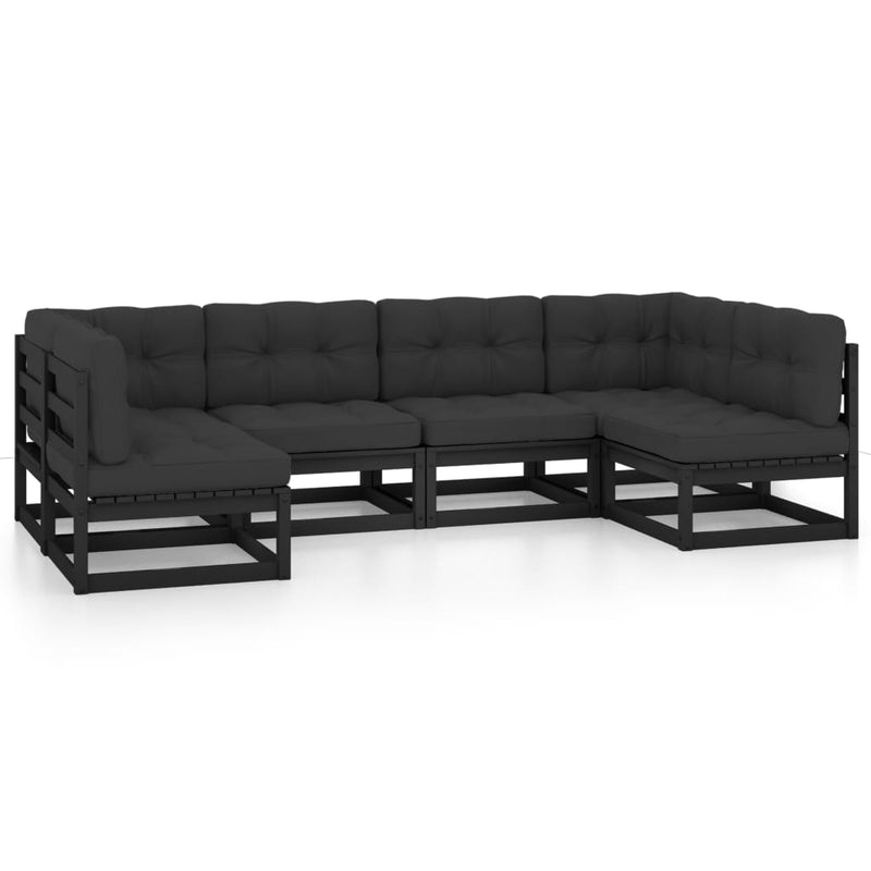 6 Piece Garden Lounge Set with Cushions Black Solid Pinewood