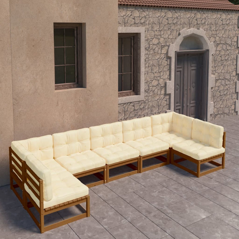 7 Piece Garden Lounge Set&Cushions Honey Brown Solid Pinewood