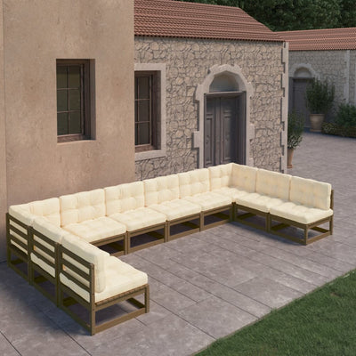 10 Piece Garden Lounge Set&Cushions Honey Brown Solid Pinewood