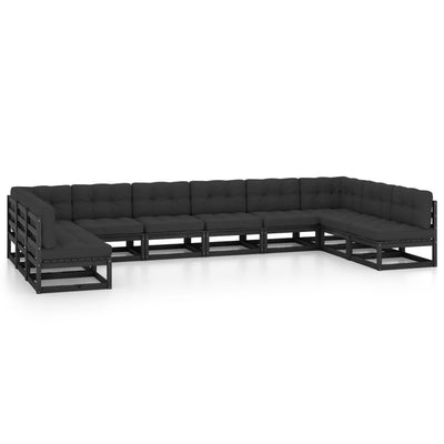 10 Piece Garden Lounge Set with Cushions Black Solid Pinewood